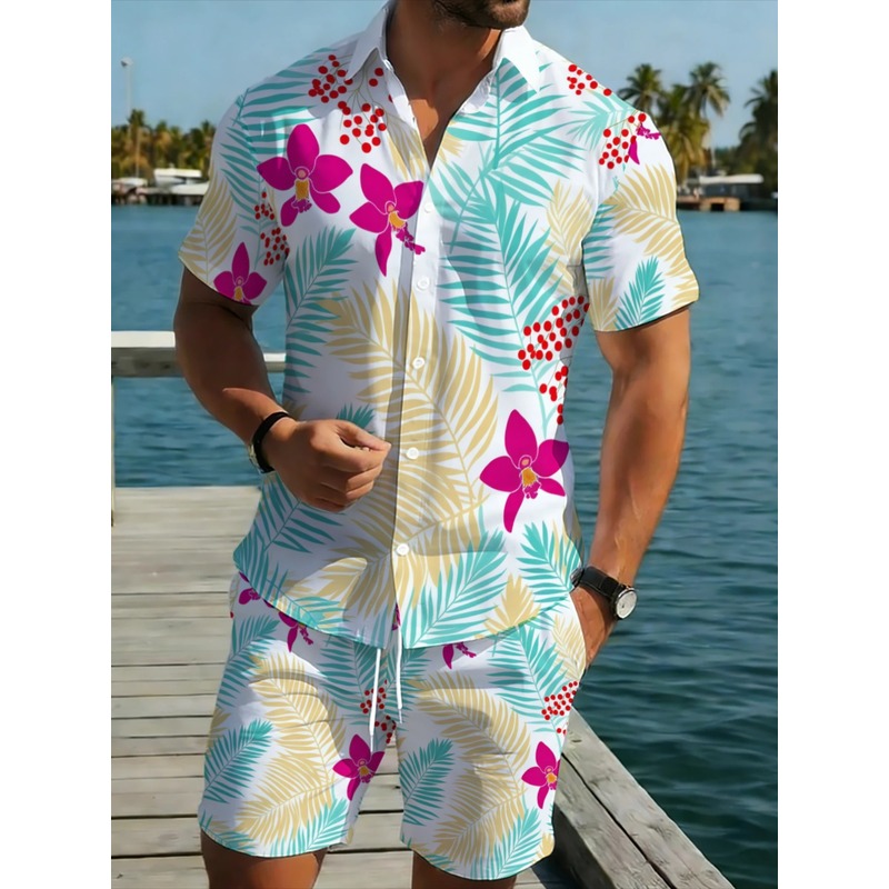Printed Floral Shirt - ชุดเสื้อเชิ้ตแขนสั้นลายดอกไม้เขตร้อนและกางเกงขายาวสำหรับผู้ชาย ผลิตจากโพลีเอสเตอร์น้ำหนักเบา เหมาะสำหรับงานปาร์ตี้กลางแจ้งและวันพักผ่อนริมชายหาด