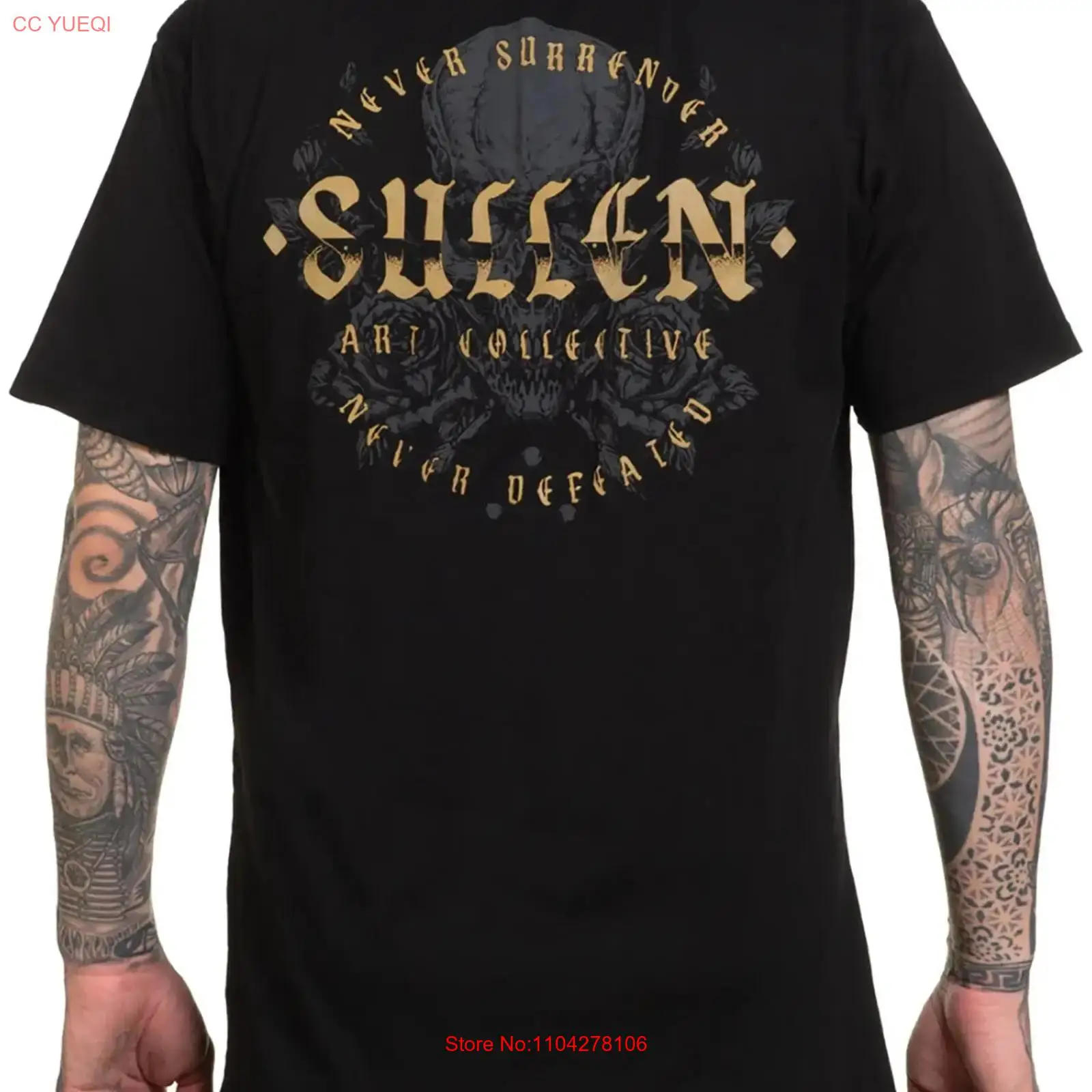 Vintage Fashion Logos - เสื้อยืดพรีเมียม Sullen Men's Never Defeated ลายสักโลโก้สไตล์วินเทจ