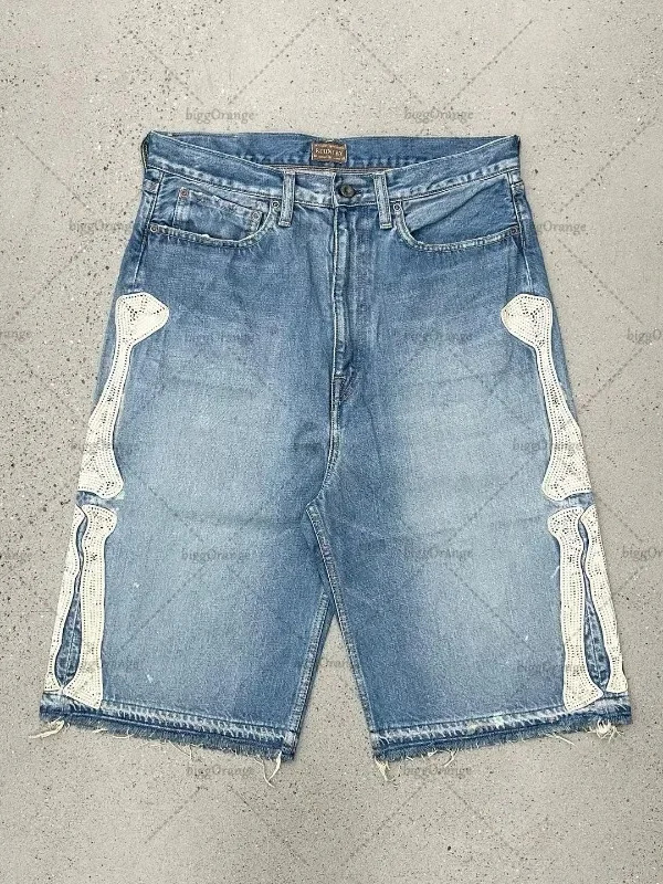 Vintage Fashion Jeans - กางเกงยีนส์ขาสั้นสไตล์วินเทจ Deeptown Y2k ฮาราจูกุ สำหรับผู้หญิง ลวดลายปักตัวอักษร