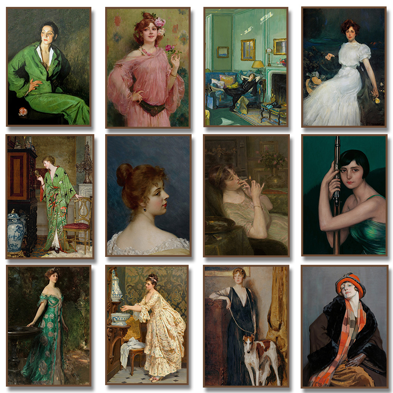 Vintage Fashion Art - ภาพพิมพ์ผ้าใบสไตล์วินเทจ ภาพวาดผู้หญิงยุคเรอเนซองส์ กำลังสูบบุหรี่ งานศิลปะตกแต่งผนังห้องนั่งเล่น ของตกแต่งบ้าน