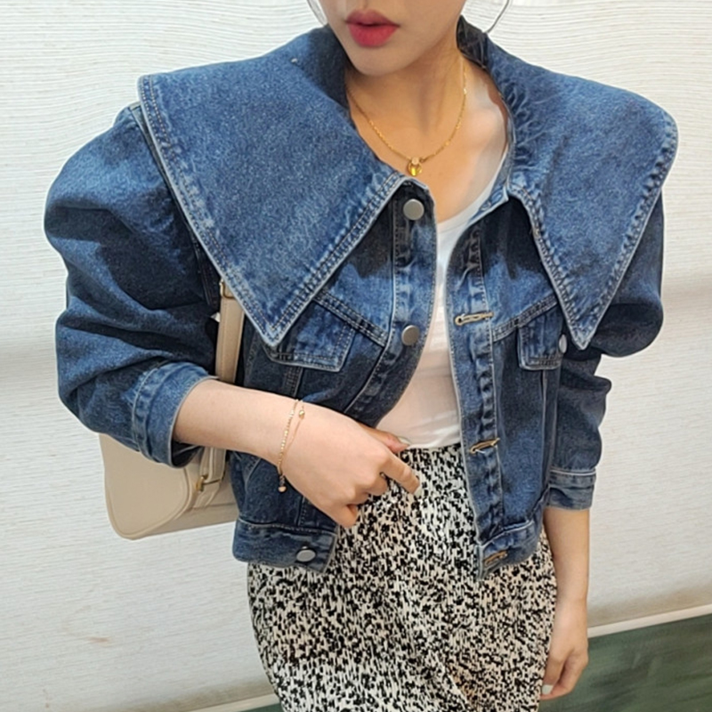 Vintage Fashion Dolls - เสื้อแจ็คเก็ตยีนส์แขนยาวสไตล์วินเทจสำหรับฤดูร้อน ดีไซน์เก๋ไก๋ ทรงหลวม ใส่สบาย คอปกตุ๊กตา แฟชั่นทันสมัยสำหรับผู้หญิง