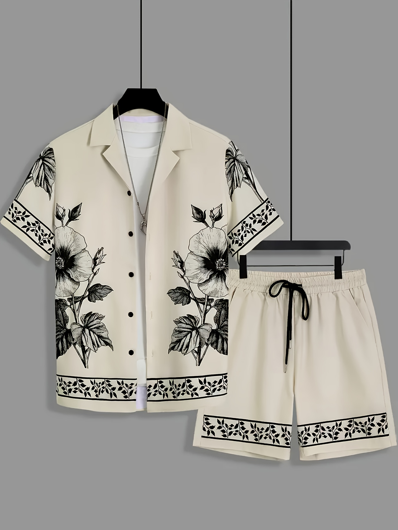 Printed Floral Shirt - ชุดลำลองผู้ชายแบบสองชิ้น เสื้อพิมพ์ลายขอบดอกไม้พร้อมกางเกงขาสั้นพิมพ์ลายแบบมีเชือกผูก สำหรับใส่ในชีวิตประจำวัน