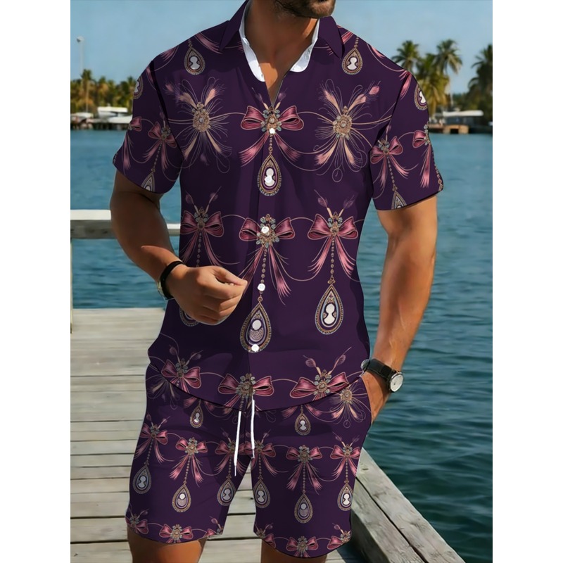 Printed Floral Shirt - ชุดเสื้อเชิ้ตแขนสั้นและกางเกงขายาวลายดอกไม้สีม่วงสำหรับผู้ชาย ผลิตจากโพลีเอสเตอร์ น้ำหนักเบา ระบายอากาศได้ดี เหมาะสำหรับวันพักผ่อนริมชายหาดและกิจกรรมกลางแจ้ง