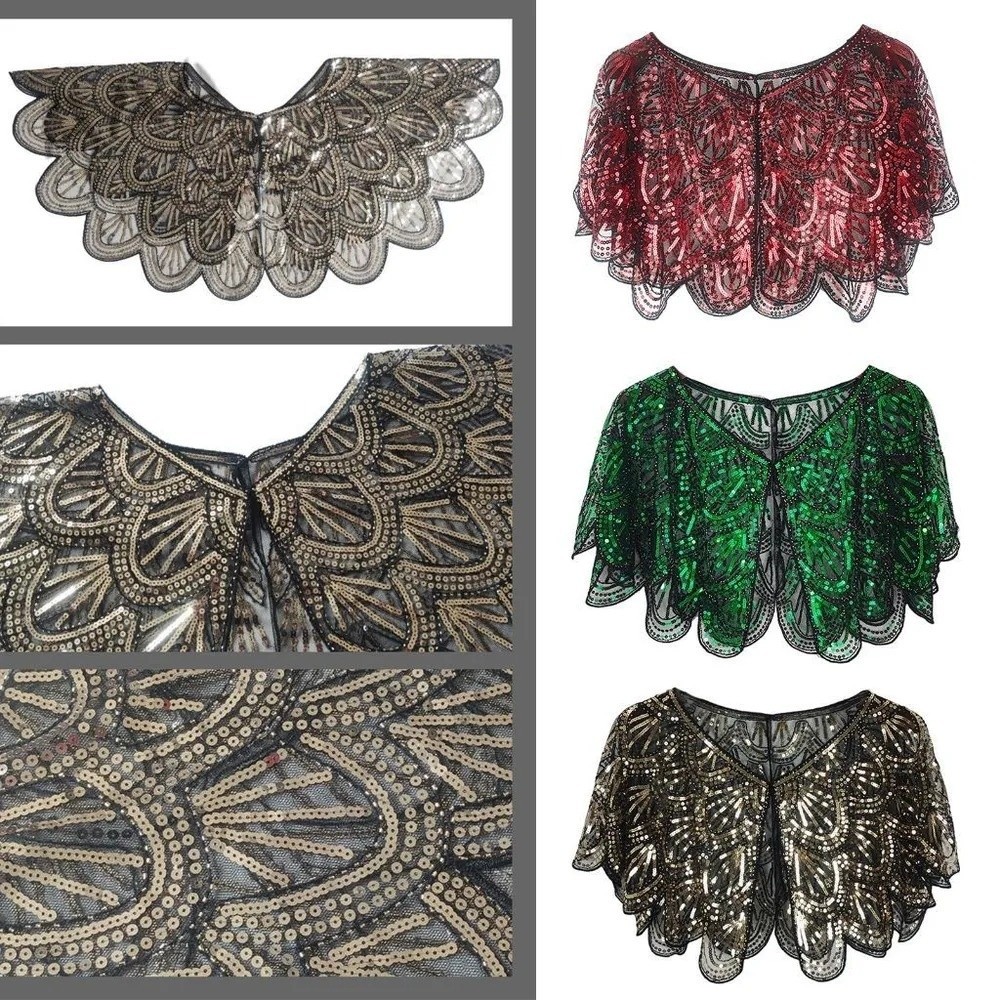 Vintage Fashion Art - ผ้าคลุมไหล่แบบโปร่งลายลูกไม้ประดับลูกปัดสไตล์อาร์ตเดโค ผ้าคลุมไหล่แบบวินเทจประดับเลื่อมสไตล์แฟลปเปอร์ อาร์ตเดโค