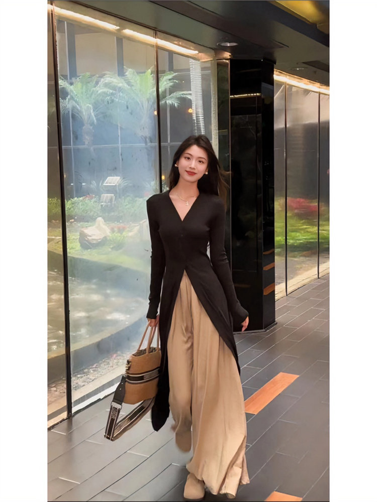 Vintage Fashion Art - ชุดเสื้อโค้ทยาวสไตล์วินเทจสำหรับนักศึกษาศิลปะ พร้อมกระโปรงทรงหลวมและกางเกงเอวสูงสำหรับผู้หญิง ชุดลำลองแฟชั่นสำหรับฤดูใบไม้ผลิ