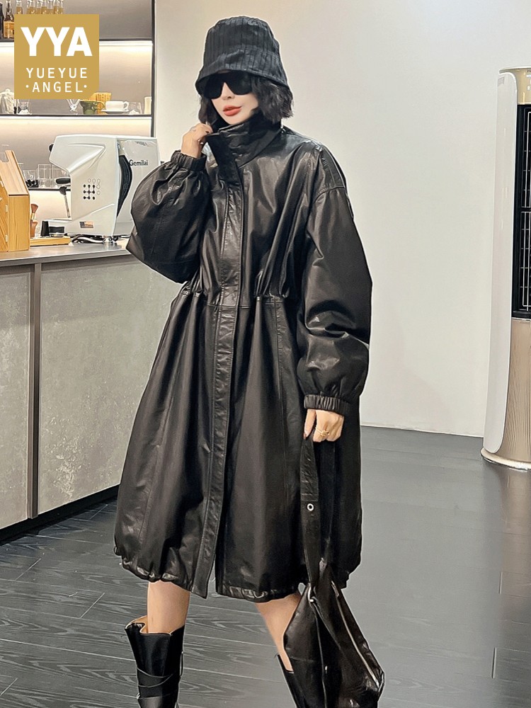 Vintage Trench Coat - เสื้อโค้ทหนังวัวแท้สไตล์วินเทจสำหรับผู้หญิง ฤดูหนาว บุขนเป็ด หนา อุ่น ทรงยาว