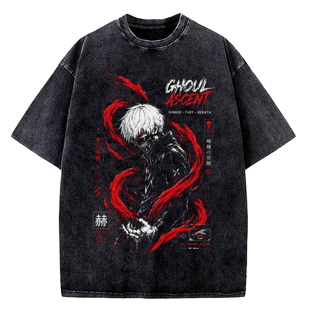 Vintage Fashion Tokyo - เสื้อยืดโทเกียวกูล วินเทจ ผ้าฝ้ายฟอกสี ลายกราฟิกอนิเมะ สไตล์ฮิปฮอป ยุค