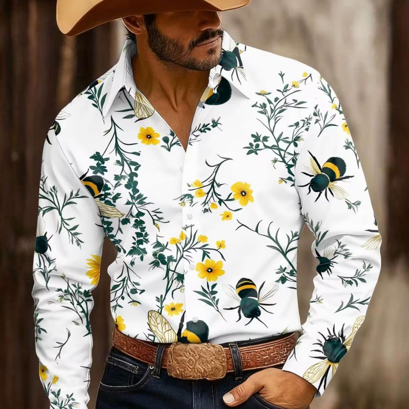 Printed Floral Shirt - เสื้อเชิ้ตแขนยาวพิมพ์ลายดอกไม้สำหรับผู้ชาย ทรงสลิมฟิต กระดุมหน้า สไตล์ลำลอง