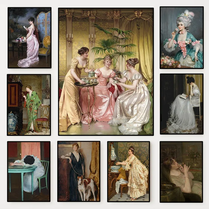 Vintage Fashion Art - โปสเตอร์ภาพวาดผู้หญิงยุคเรอเนซองส์ วินเทจ วิคตอเรียน ภาพวาดบนผ้าใบ แนวแฟชั่น ตกแต่งผนังห้องนั่งเล่น