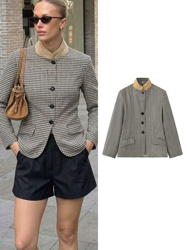 Vintage Trench Coat - เสื้อเบลเซอร์ลายสก็อตวินเทจสำหรับผู้หญิง TFMLN คอตั้ง กระดุมแถวเดียว มีกระเป๋าเสื้อสูท แจ็คเก็ตสำหรับผู้หญิง
