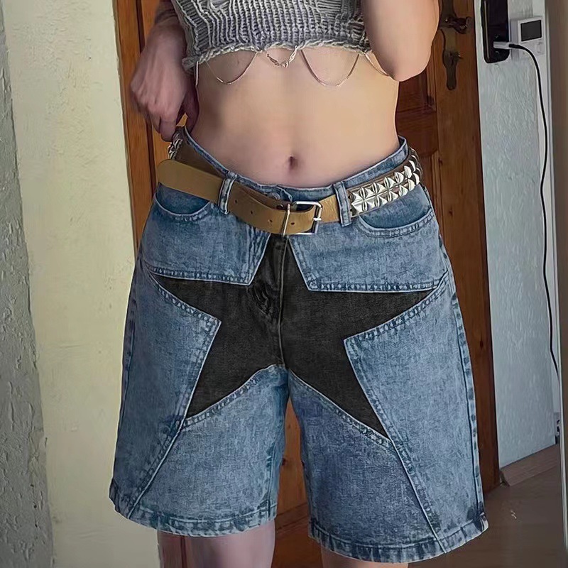 Vintage Fashion Jeans - กางเกงยีนส์ขาสั้นผู้หญิงลายปะติดดาว สไตล์วินเทจ เดนิม เบอร์มิวดา ทรงหลวม สตรีทแวร์